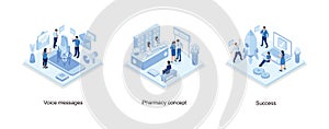 Voice messages concept with character and text place, Doctor pharmacist and patient in drugstore, Startup concept with rocket