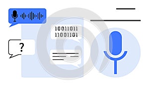 Voice Recognition and AI Communication Concept with Microphone, Chat Bubbles, and Binary Code