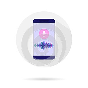 Voice recognition concept flat illustration with mobile phone, sound symbol, microphone button, bright voice and sound line.