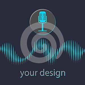 Voice recognition concept. Microphone button with bright voice and sound lines. Vector illustration.