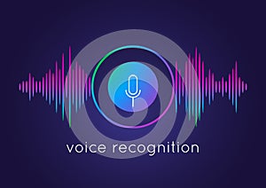 Voice recognition concept. Microphone round button and soundwave. Artificial intelligence recognizes speech. Media
