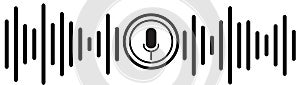 Voice recognition icon on white background. Personal voice assistant. Sound waves and microphone button. flat style