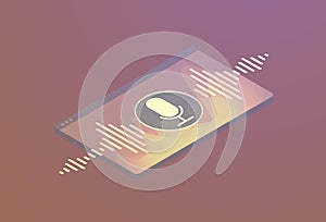 Voice recognition isometric vector concept. Artificial Intelligence and personal sound assistant. Sound waves and