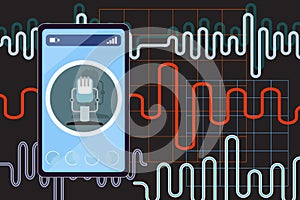 Voice recognition or personal assistance concept flat vector illustration. Microphone on the smartphone screen and sound waves as