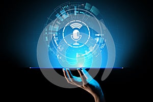 Voice recognition search and control microphone symbol on virtual screen.