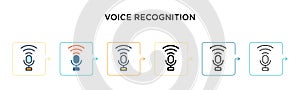 Voice recognition vector icon in 6 different modern styles. Black, two colored voice recognition icons designed in filled, outline