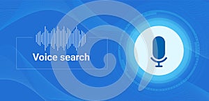 Voice search. Horizontal blue banner with a sign microphone and voice waves