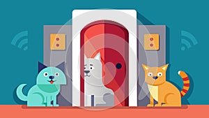 A voiceactivated pet door that only opens for designated pets keeping unwanted critters out.. Vector illustration.