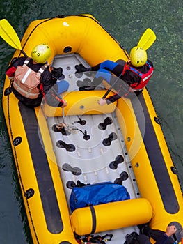 Voidomatis river in aristi village trees rafting boats in autumn season