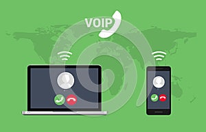 Voip call system voice phone technology. Voice over ip internet video telephony data cloud laptop and mobile cellphone