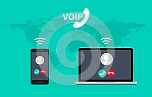 Voip call system voice phone technology. Voice over ip internet video telephony data cloud laptop and mobile cellphone