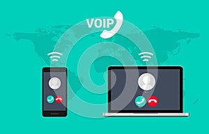 Voip call system voice phone technology. Voice over ip internet video telephony data cloud laptop and mobile cellphone photo