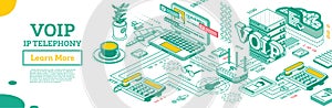 VOIP IP Telephony Services. Isometric Outline Concept. Configuration Scheme of System