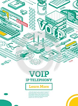 VOIP IP Telephony Services. Isometric Outline Concept. Configuration Scheme of System