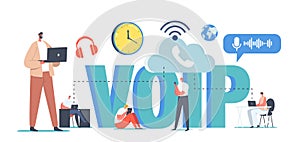 VOIP Technology, Voice over IP Concept. Characters Use Telephony, Telecommunication System, Telephone Communication photo