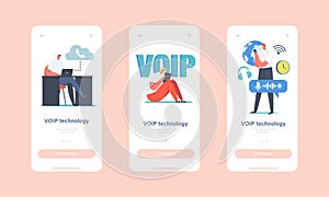 VOIP Technology, Voice over IP Mobile App Page Onboard Screen Template. Characters Use Telephony, Telecommunication