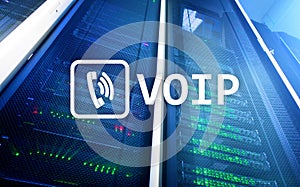 VOIP, Voice over Internet Protocol, technology that allows for speech communication via the Internet. Server room background