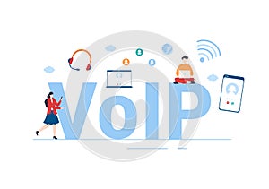 VOIP or Voice Over Internet Protocol with Telephony Scheme Technology and Network Phone Call Software in Hand Drawn Illustration