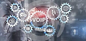 VoIP Voice over IP. Businessman pressing virtual screen Voice over Internet Protocol