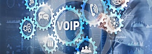 VoIP Voice over IP. Businessman pressing virtual screen Voice over Internet Protocol