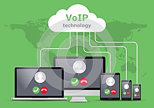 VoIP voice over IP illustration smartphone laptop network. Voip call flat concept design