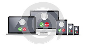 VoIP voice over IP illustration smartphone laptop network. Voip call flat concept design