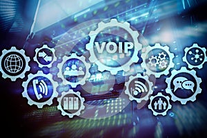 VoIP Voice over IP on the screen with a blur background of the server room. The concept of Voice over Internet Protocol.