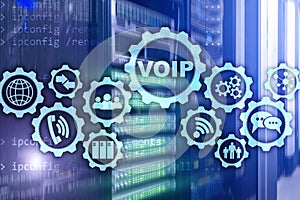 VoIP Voice over IP on the screen with a blur background of the server room. The concept of Voice over Internet Protocol.