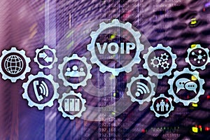 VoIP Voice over IP on the screen with a blur background of the server room. The concept of Voice over Internet Protocol.