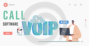 VOIP, Voice over IP Technology Landing Page Template. Characters Use Wireless Phone Connection. Telephone Communication