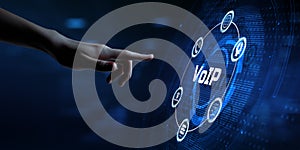 VoIP Voice over IP Telecommunication concept. Hand pressing button on screen.