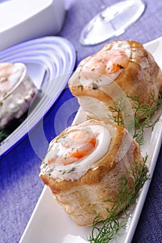 Vol au vent with shrimps and mayonnaise