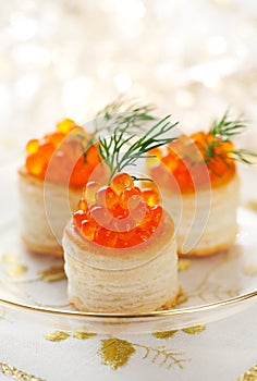 Vol-au-vents filled with red caviar