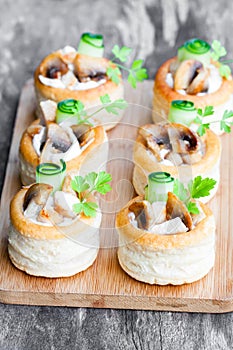 Vol-au-vents puff pastry cases filled with mushrooms and chicke