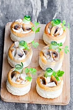 Vol-au-vents puff pastry cases filled with mushrooms and chicke