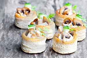 Vol-au-vents puff pastry cases filled with mushrooms and chicke