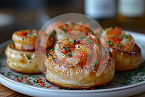 Vol-au-vents with shrimps on a plate.