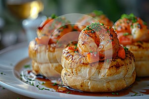 Vol-au-vents with shrimps on a plate.