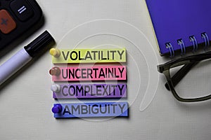 Volatility Uncertainly Complexity Ambiguity - VUCA text on sticky notes isolated on office desk photo