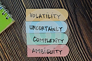 Volatility Uncertainly Complexity Ambiguity - VUCA text on sticky notes isolated on office desk