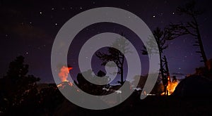 Volcan Fuego erupts at night, seen from Volcan Acatenango in Guatemala.