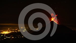 Volcan Fuego erupts at night, seen from Volcan Acatenango in Guatemala.