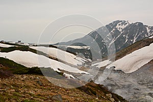 Volcanic activity at Jigokudani, the hell`s valley. Murodo. Tateyama Kurobe alpine route. Japan