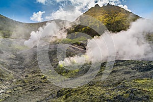 Volcanic activity, sulfur fumarole and hot gas on Kunashir Island, Kuril islands