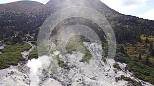 Volcanic activity, sulphur fumarole and hot gas on Iturup Island, Kurils, Russia