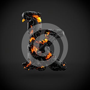 Volcanic alphabet letter K lowercase isolated on black background.