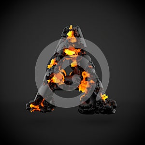 Volcanic alphabet letter A uppercase isolated on black background.
