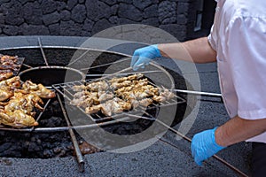 Volcanic barbecue in the El Diablo Restaurant. Timanfaya National Park on Lanzarote island, Spain.