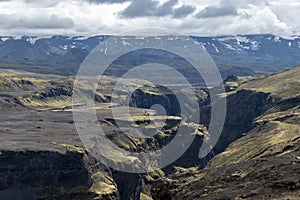 Volcanic canyon in Iceland near Emstrur on the Laugavegur trail