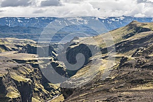 Volcanic canyon in Iceland near Emstrur on the Laugavegur trail.